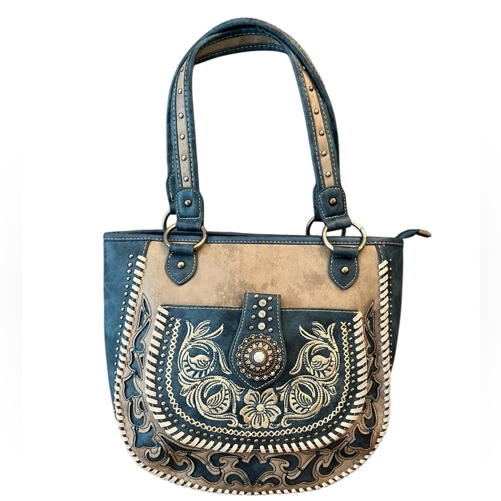 Elegant Blue and Tan Embroidered Women's Bag